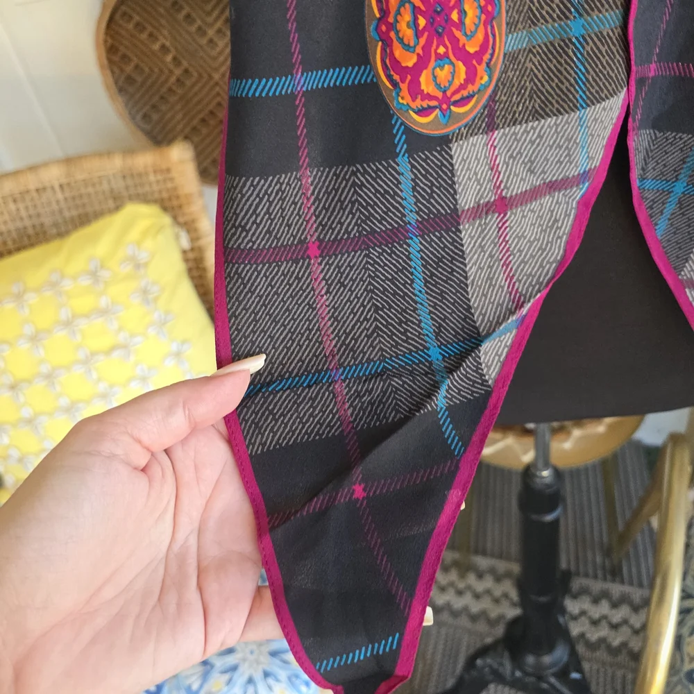 Vintage Silk Albert Nipon Plaid Scarf with Pink and Blue Accents Retro Boho